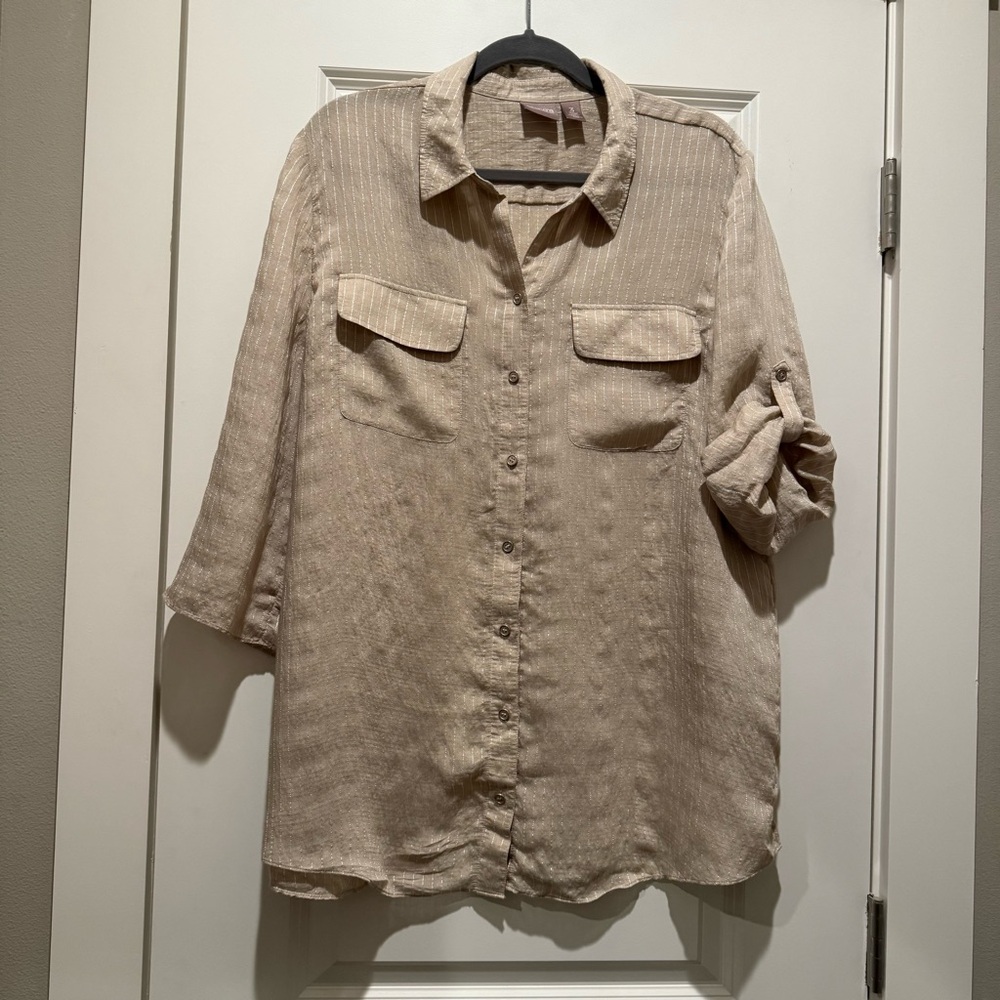 Chicos Womens Sz 3 Beige Glitter Stripe Linen Button Up Top Blouse 3/4 Sleeve